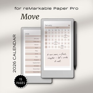 Puede incluir: Calendario digital para reMarkable Paper Pro, con una vista de calendario de 2026 con diseños mensuales. La imagen incluye un lápiz óptico y muestra el texto "A new year, a fresh chapter - let's write it well."
