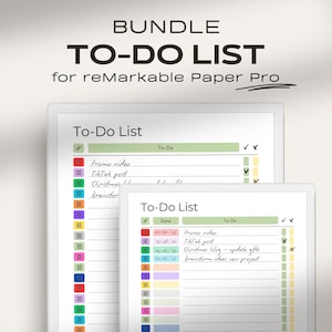 May include: A digital to-do list displayed on two tablets. The top tablet shows a list with items like "Promo video" and "TikTok post." The bottom tablet shows a similar list with dates and check boxes. The text "BUNDLE TO-DO LIST" is at the top.