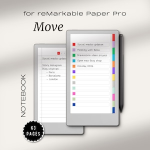 Può includere: Due tablet digitali con il testo "for reMarkable Paper Pro Move" e "NOTEBOOK". Un tablet mostra un elenco di cose da fare con voci codificate a colori. Uno stilo nero è posizionato accanto al tablet. Un cerchio nero con il testo "63 PAGES" è in basso a sinistra.