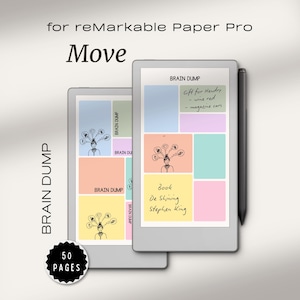 May include: Two reMarkable Paper Pro tablets with colorful notes and a black stylus. The text on the screen says "BRAIN DUMP", "Gift for Hendry", and "Book De Shining Stephen King". A black and white sticker says "50 PAGES".
