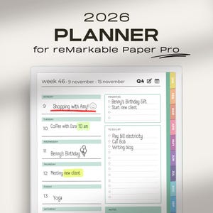 Op de afbeelding: Digitale planner voor reMarkable Paper Pro, gedateerd 2026. De planner toont een weekoverzicht met secties voor prioriteiten en takenlijsten. De week van 9-15 november is gemarkeerd, met vermeldingen zoals "Shopping with Amy!" en "Benny's Birthday."