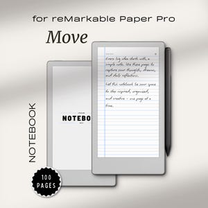 Puede incluir: Un cuaderno digital para reMarkable Paper Pro. La imagen muestra dos tabletas, una con una página rayada y texto manuscrito, y un lápiz óptico. El texto dice "Every big idea starts with a simple note..." y "100 páginas."