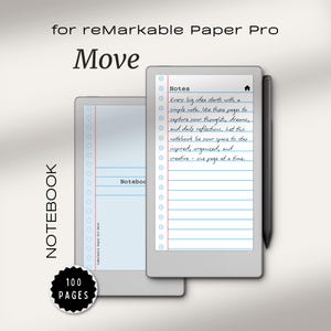 May include: A digital notebook for reMarkable Paper Pro. The image shows a tablet with a stylus, displaying lined pages with handwritten notes. The text on the tablet reads "Notes" and "Every big idea starts with a simple note..." A circular badge reads "100 PAGES".