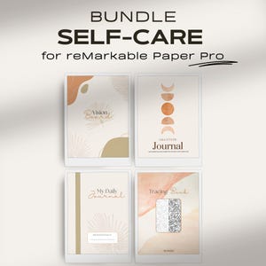 Pode incluir: Um pacote de diários digitais de autocuidado para reMarkable Paper Pro. Inclui um quadro de visão, um diário de gratidão, um diário diário e um livro de rastreamento. As capas apresentam designs abstratos em bege, marrom e branco com texto.