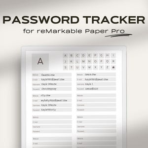 Puede incluir: Una tableta digital blanca con una pantalla gris que muestra una plantilla de seguimiento de contraseñas. La plantilla tiene campos para el sitio web, el correo electrónico, el nombre de usuario y la contraseña. La plantilla está etiquetada como "PASSWORD TRACKER for remarkable Paper Pro".