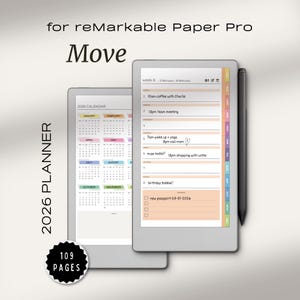 Può includere: Planner digitale per reMarkable Paper Pro con il testo "2026 PLANNER" e "Move". L'immagine mostra un calendario e una vista planner giornaliera con una penna. Il planner ha 109 pagine.