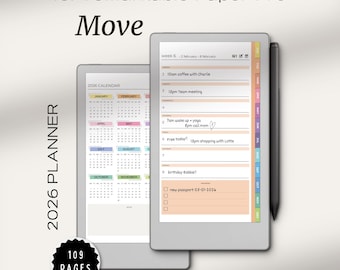 Planificador colorido 2026 para reMarkable Paper Pro Move / Planificadores reMarkable / Calendario reMarkable / Notas / Tareas / Rastreador de hábitos / Volcado de ideas