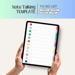 Puede incluir: Una plantilla digital de lista de tareas en una tableta. La pantalla muestra un fondo blanco con pestañas de colores y líneas para notas. La parte superior de la imagen dice "Note-Taking TEMPLATE" y "TO-DO LIST".
