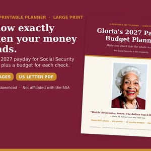 Puede incluir: Un planificador de presupuesto imprimible de 2027 en letra grande con fondo granate. El texto incluye: Know exactly when your money lands, Gloria's 2027 Payday Budget Planner, 24 pages, US Letter PDF y una foto de una mujer mayor.