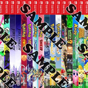Op de afbeelding: Een verzameling Nintendo Switch-gamecases, met titels als "The Legend of Zelda", "Pokémon" en "Super Mario Odyssey". De cases zijn voornamelijk rood met speltitels en artwork. Het woord "SAMPLE" is over de afbeelding geplaatst.