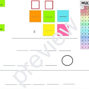 Puede incluir: Una hoja de trabajo con una tabla de multiplicación y un problema de matemáticas con números que faltan. El problema está representado por cuadrados de colores con líneas dibujadas a través de ellos. La tabla de multiplicación está codificada por colores con diferentes colores para cada fila.