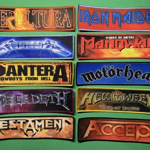May include: A collection of rectangular patches featuring the logos of various heavy metal bands. The patches display band names like Sepultura, Iron Maiden, Metallica, Manowar, Pantera, Motörhead, Megadeth, Helloween, Testament, and Accept, in various colors and fonts.