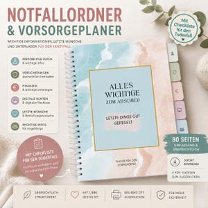 May include: A spiral-bound emergency planner and end-of-life organizer with a light blue and beige watercolor cover. The cover features the text ALLES WICHTIGE ZUM ABSCHIED and LETZTE DINGE GUT GEREGELT. It includes colored index tabs and a checklist.