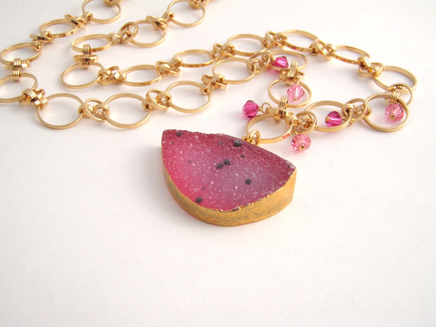 Raspberry Geode Druzy Quartz Pendant Necklace Gold Chain Etsy