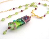 26 Inch Gold Chain Necklace With Lampwork Pendant, Peridot, Garnet, Long Necklace