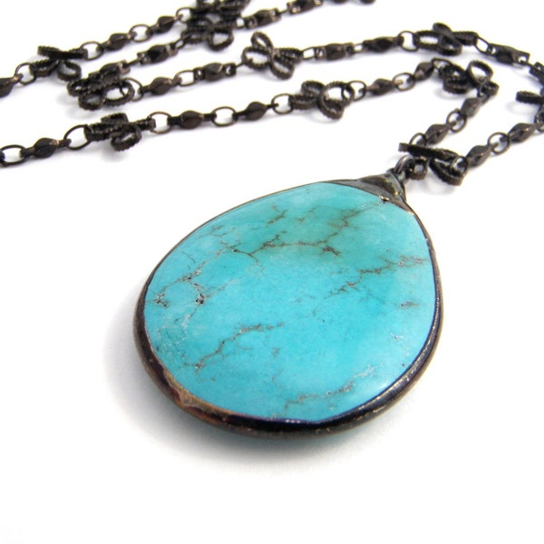 Necklace - Large Turquoise Teardrop Pendant Necklace - Black Nickle Chain - Southwestern