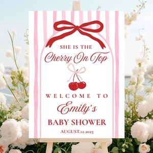 Cherry Baby Shower Welcome Sign, Cherry Pink Coquette Poster Cherry Theme Baby Shower Welcome Poster Cherry on top Baby Shower Sign