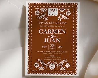 Faire-part de mariage mexicain | Faire-part de mariage Papel Picado | Faire-part de mariage bilingue espagnol