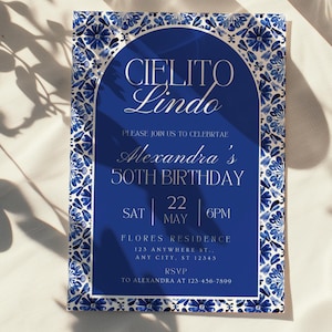 Blue Cielito Lindo Digital 50th Birthday Party Invitation, Papel Picado Mobile Invite, Mexican Talavera Theme Birthday Invitation