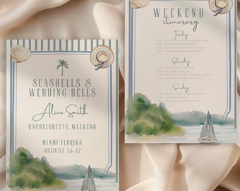Coquillages et cloches de mariage Invitation et itinéraire pour un week-end EVJF, itinéraire EVJF sur le thème de la plage, invitation à un EVJF sur la côte