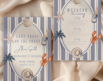 Last Toast On The Coast Bachelorette Weekend Invite and Itinerary, Beach Bach Weekend Itinerary, Coastal Beach Bachelorette Party Template