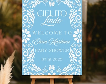 Blå Cielito Lindo välkomstskylt för babyshower, vit Talavera entréskylt för babyshower, babyblå mexikansk hälsningsskylt för babyshower