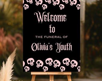 Funeral for My Youth Welcome Sign, Gothic 30th Birthday (Editable Canva Template)