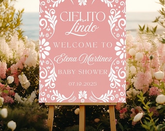 Pink Cielito Lindo Baby Shower Welcome Sign, White Talavera Baby Shower Entrace Sign, Blush Pink Mexican Baby Shower Greeting Sign