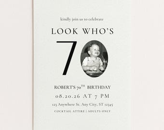 Editable 70th Birthday Invite with Photo, Look Who’s Turning 70 Invitation, Milestone Birthday Invitation