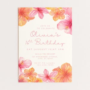 Plantilla de invitación de cumpleaños tropical, invitación floral de hibisco, luau de verano imprimible para niñas