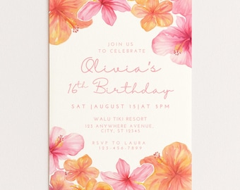 Tropical Birthday Invitation Template, Hibiscus Floral Party Invite, Summer Luau Printable for Girls