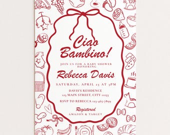 Ciao Bambina Baby Shower Invitation, Italian Baby Shower Invite, Coquette Red Baby Shower Printable, Editable Digital Download