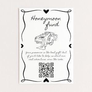 Bord huwelijksreisfonds met QR-code voor huwelijksreceptie, afdrukbaar minimalistisch geldcadeaubord