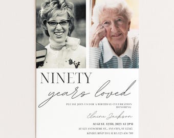 90th Birthday Invitation Template, Photo Invite (Digital Download)