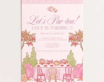 Tea Party Birthday Invitation, Editable Canva Template (Digital Download)