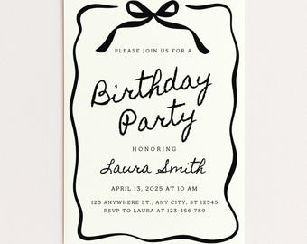 Invitación de cumpleaños con lazo negro / Plantilla minimalista editable para Canva / Invitación de fiesta imprimible elegante y coqueta