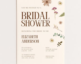 Plantilla de invitación para despedida de soltera bohemia, invitación floral, fiesta de novia neutral y terrosa