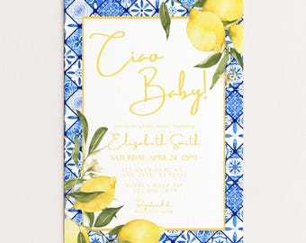 Ciao Baby Invitation, Italian Lemon Baby Shower Invite, Blue and Yellow Amalfi Baby Shower Printable