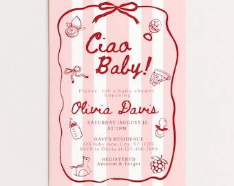 Plantilla de invitación para baby shower "Ciao Bambino", con temática italiana, en rojo, con un toque caprichoso y dibujado a mano.