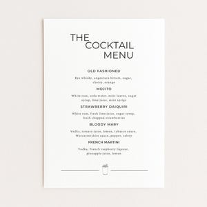 May include: A white cocktail menu card with black text. The menu lists classic cocktails such as Old Fashioned, Mojito, Strawberry Daiquiri, Bloody Mary, and French Martini. The card has a minimalist design with a small illustration at the bottom.