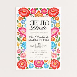 Cielito Lindo Mexican Floral Birthday Invitation in Spanish, Fiesta Mexicana Invitacion en Español, Mexican Theme Birthday Invitation