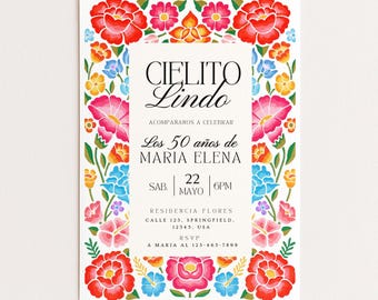 Cielito Lindo Mexican Floral Birthday Invitation in Spanish, Fiesta Mexicana Invitacion en Español, Mexican Theme Birthday Invitation