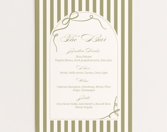 Sage Green Wedding Bar Menü Schild Vorlage, bearbeitbare Bar Getränkekarte für den Empfang, druckbare Signature Getränkeschild