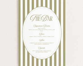 Sage Green Wedding Bar Schild Druckbare, bearbeitbare Menüvorlage für Empfangsgetränke, moderne Signatur Cocktails Schild
