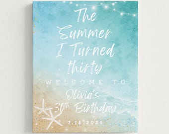 Beach Theme 30th Birthday Welcome Sign, Coastal Watercolor (Editable Canva Template)