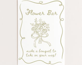 Sage Hand Drawn Flower Bar Sign Template, Wildflower Bouquet Bar Print Template, Flower Bloom Bar Cart Poster Hand Drawn