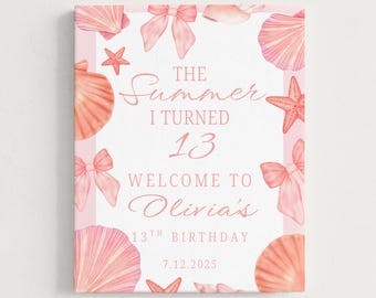 ビーチシーサイド13歳の誕生日ウェルカムサイン、編集可能なテンプレート（デジタルダウンロード）