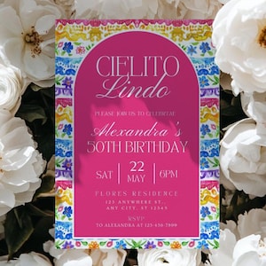 Talavera Cielito Lindo Digital 50th Birthday Party Invitation, Papel Picado Mobile Invite, Mexican Talavera Theme Birthday Invitation
