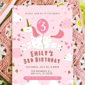 Unicorn Birthday Invitation, Boho Unicorn Invitation, Pink Unicorn Birthday Invite, Pastel Unicorn Invitation  3rd 4th 5th 6th 7th