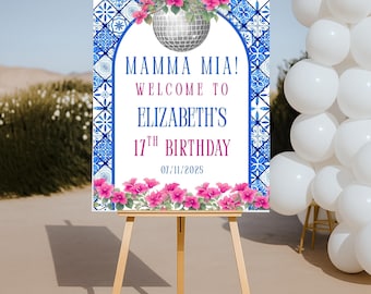Mamma Mia Birthday Welcome Sign Template, Disco 17th Birthday Party Editable Signage Template, Dancing Queen Birthday Welcome Sign